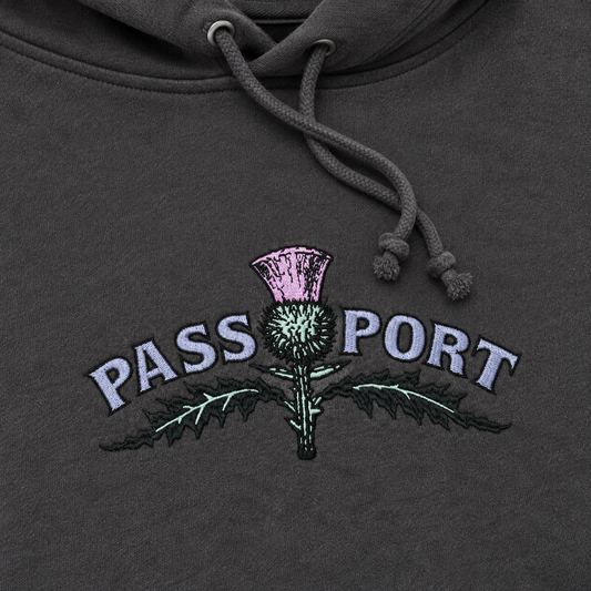 Pass~Port Thistle Embroidery Hoodie Tar embroidered logo detail