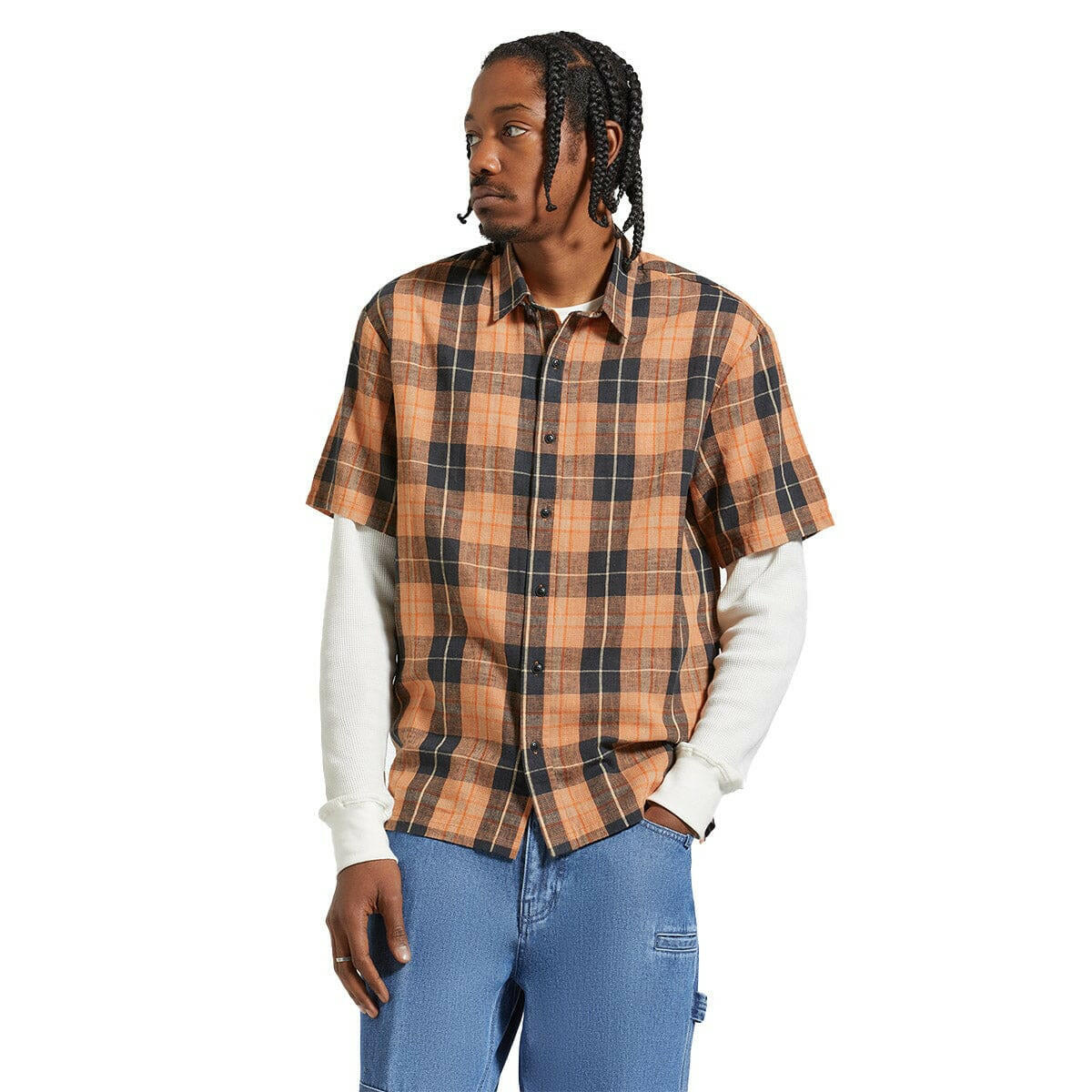 Brixton - Cru Linen Blend Relaxed Woven Shirt Black/Rust Orange.