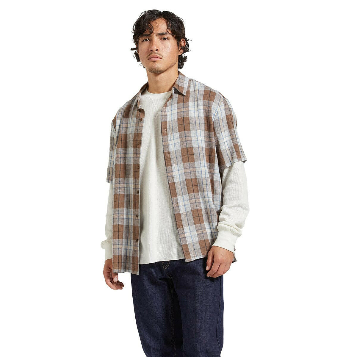 Brixton - Cru Linen Blend Relaxed Woven Shirt Pinecone Brown/Coronet Blue.