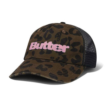Butter Goods Stencil Trucker Cap Leopard Front