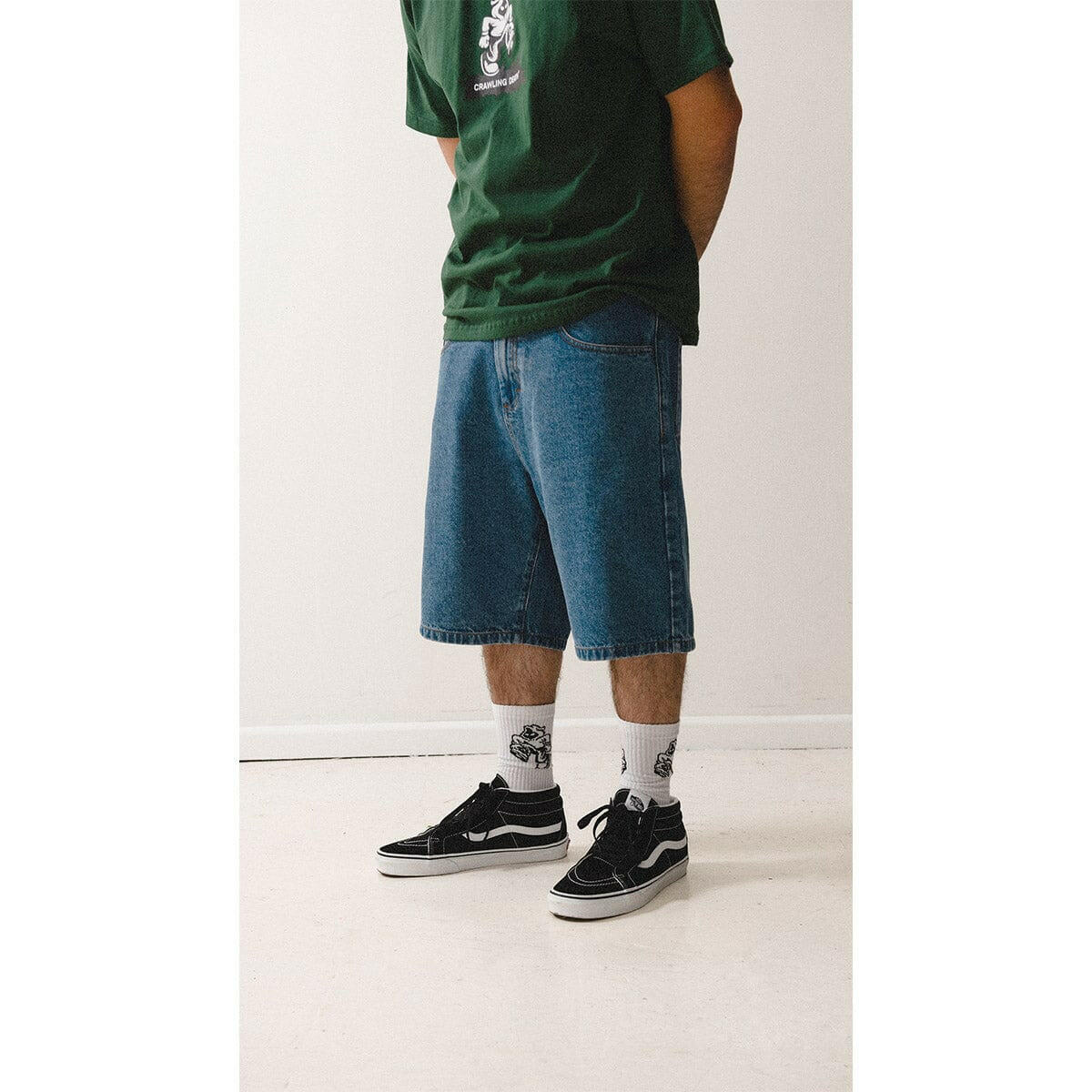Crawling Death - Web Denim Shorts Mid Blue.