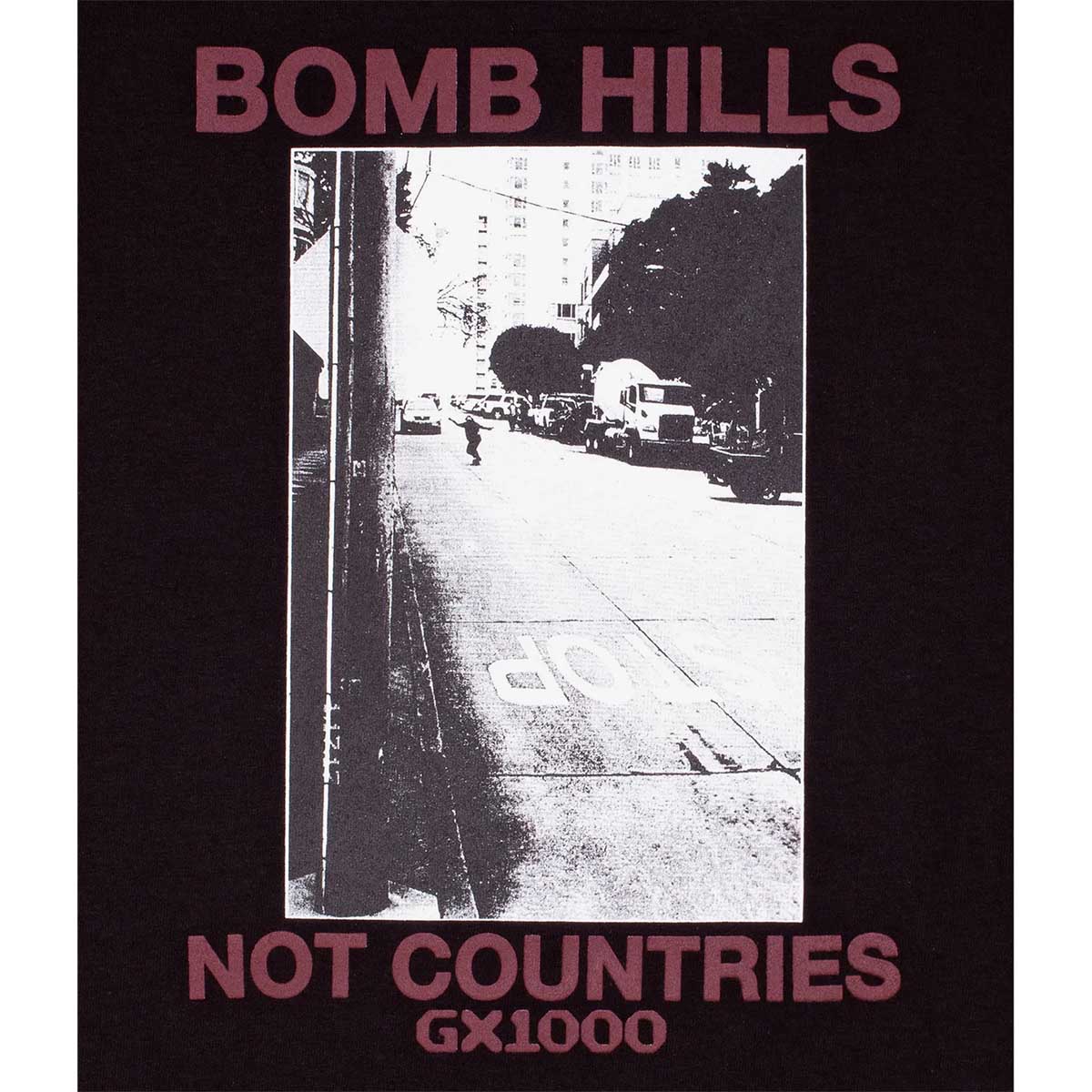 GX1000 Bomb Hills Not Countries Tee Black/Burgundy Detail