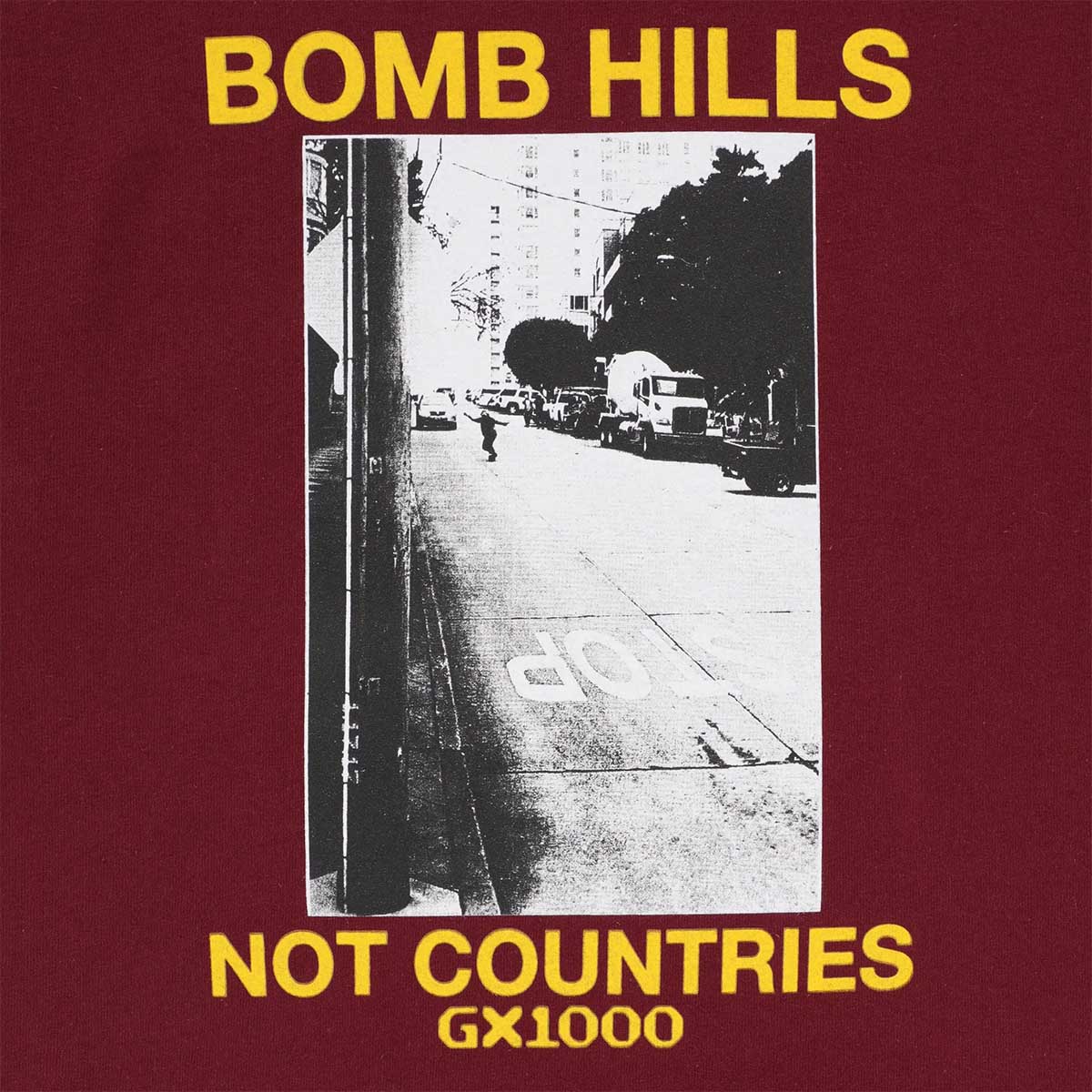 GX1000 Bomb Hills Not Countries Tee Burgundy/Yellow Detail
