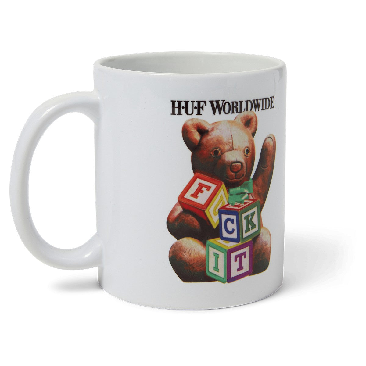 HUF Gift Bear white ceramic mug with teddy bear and colourful block artwork, back view