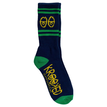 Navy blue sock with green accents and yellow logo on a white background