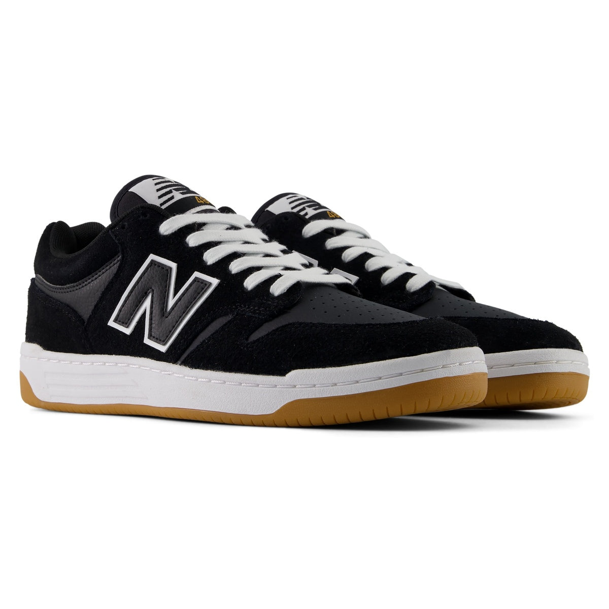 New Balance 480 Shoes Black/White/Gum pair front angle