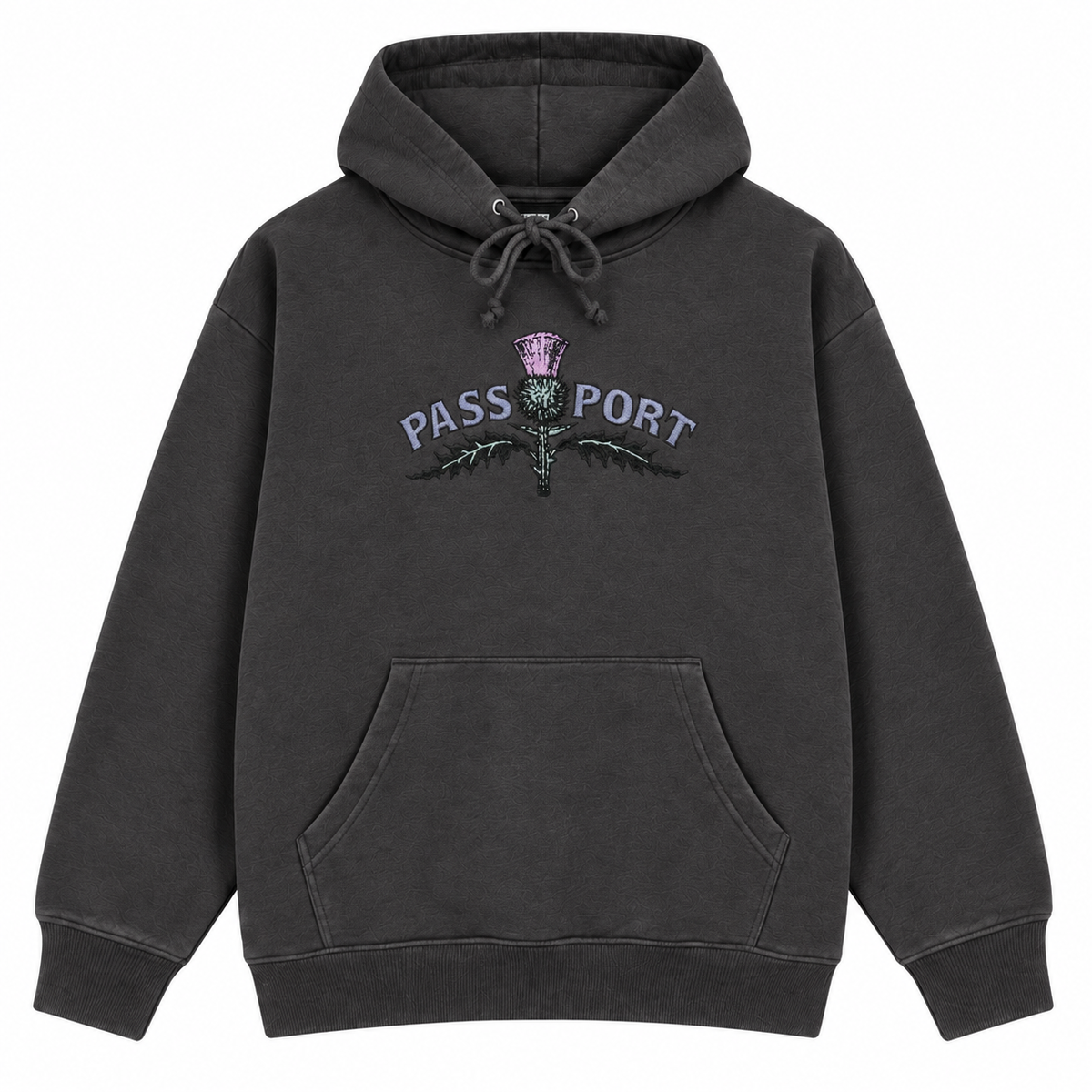 Pass~Port Thistle Embroidery Hoodie Tar front flat lay