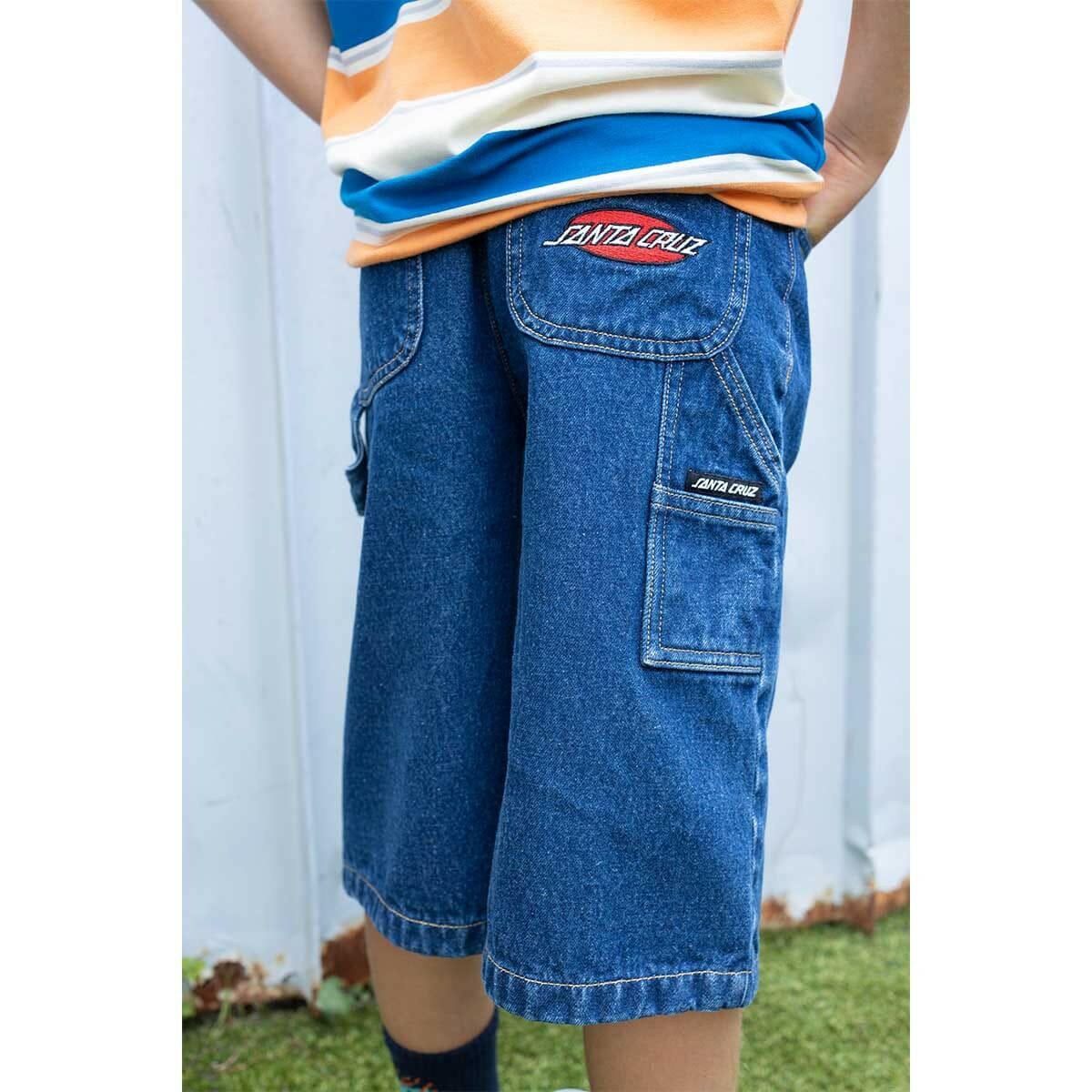 Santa Cruz - Oval Strip Youth Carpenter Shorts Washed Indigo.