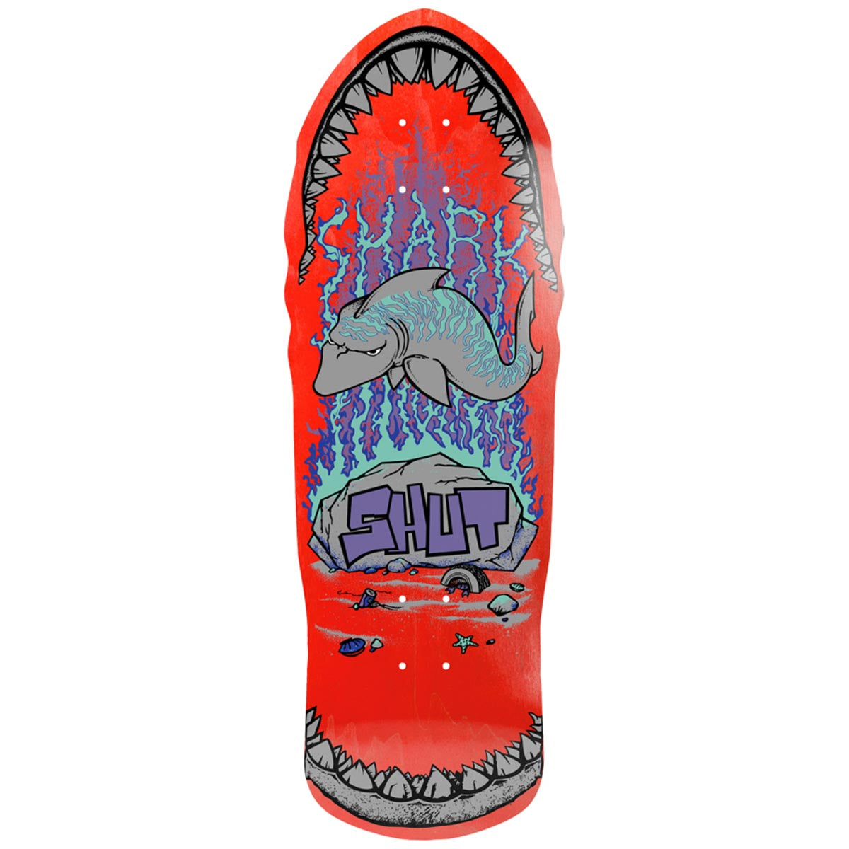 Shut 86 Shark Red Reissue Skateboard Deck Bottom View