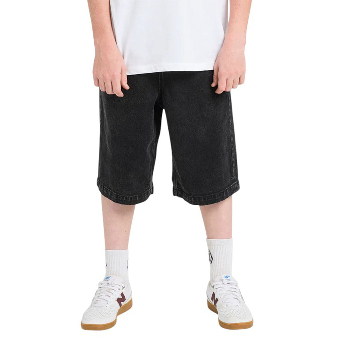 Volcom Freazy Loose Denim Youth Shorts Blackity Black Model Front