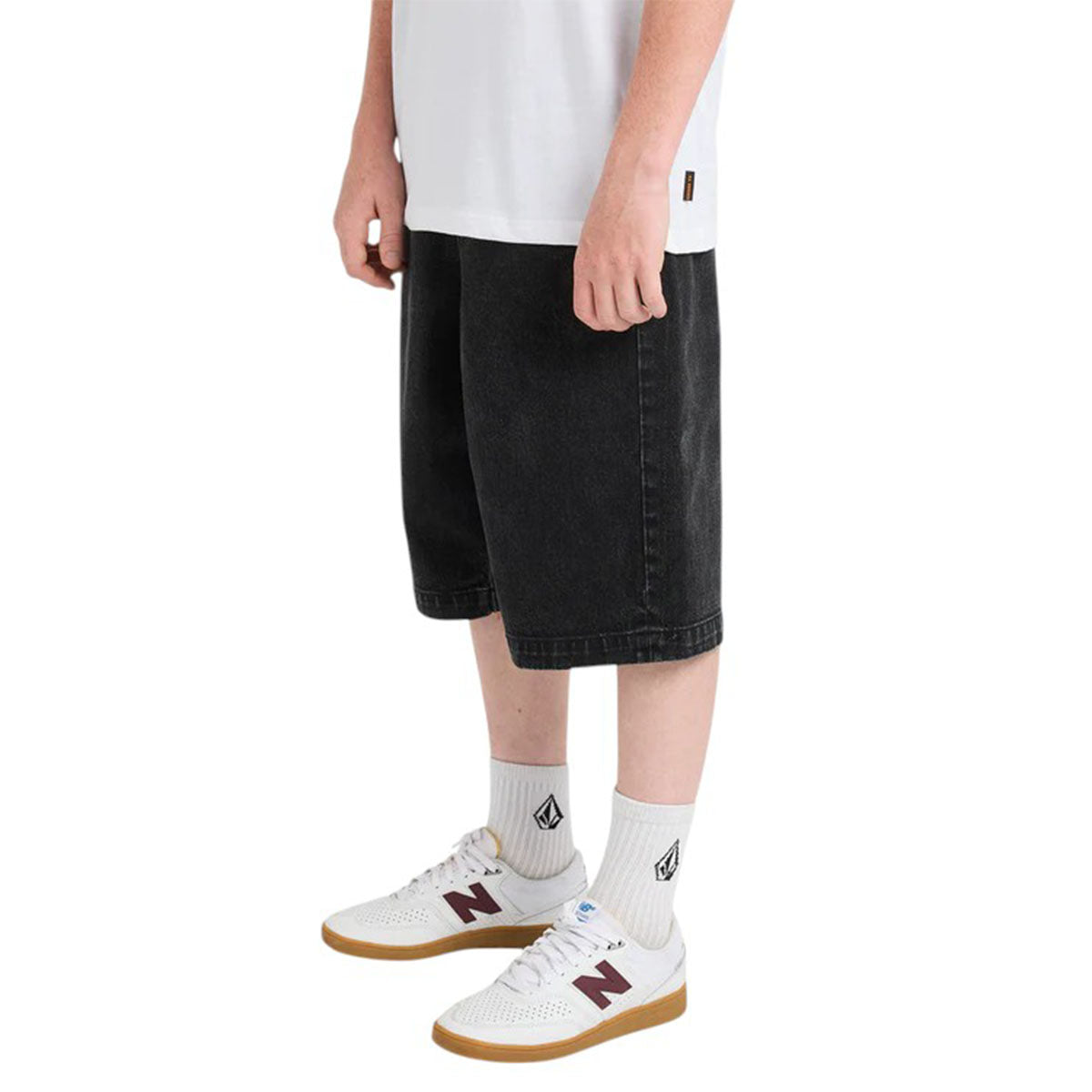 Volcom Freazy Loose Denim Youth Shorts Blackity Black Model Side
