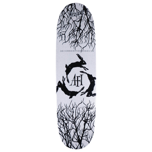 Welcome x AFI Decemberunderground White Glitter 8.8 skateboard deck bottom graphic