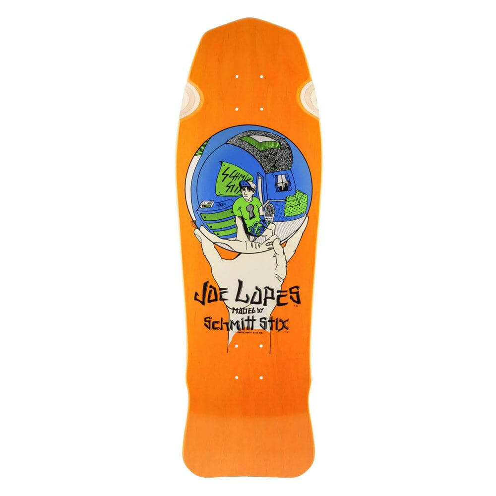 Schmitt Stix Joe Lopes Crystal Ball Orange 9.875 Reissue Skateboard Deck.